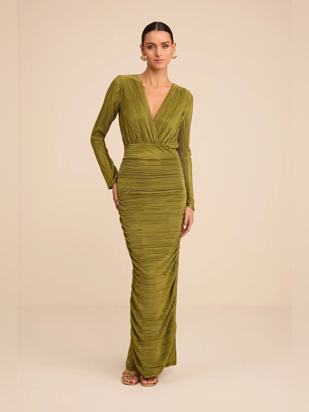 Lulus Seren Olive Green Plisse Surplice Maxi Dress - Size S